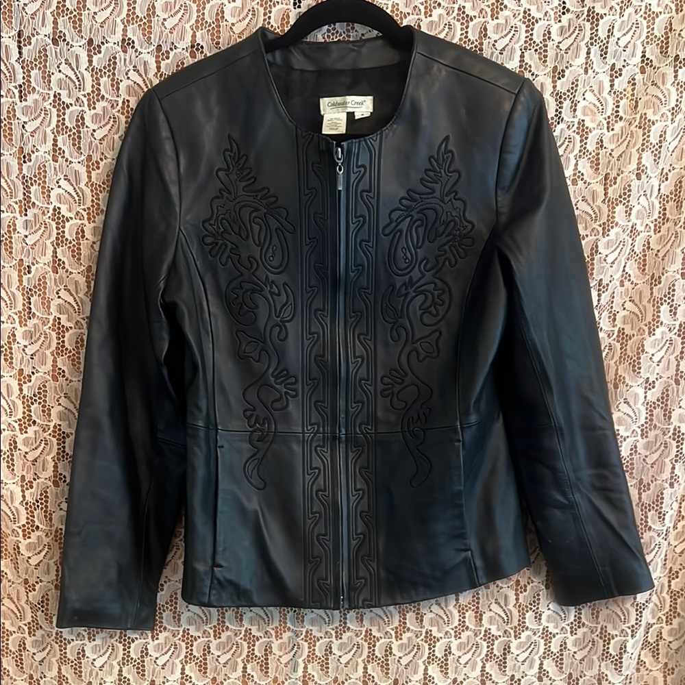 Coldwater Creek Black Leather Jacket with Tailored Fit and Textured Stitching